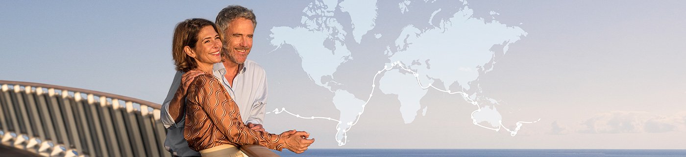 World cruise picture of a couple and map World cruise picture of a couple and map