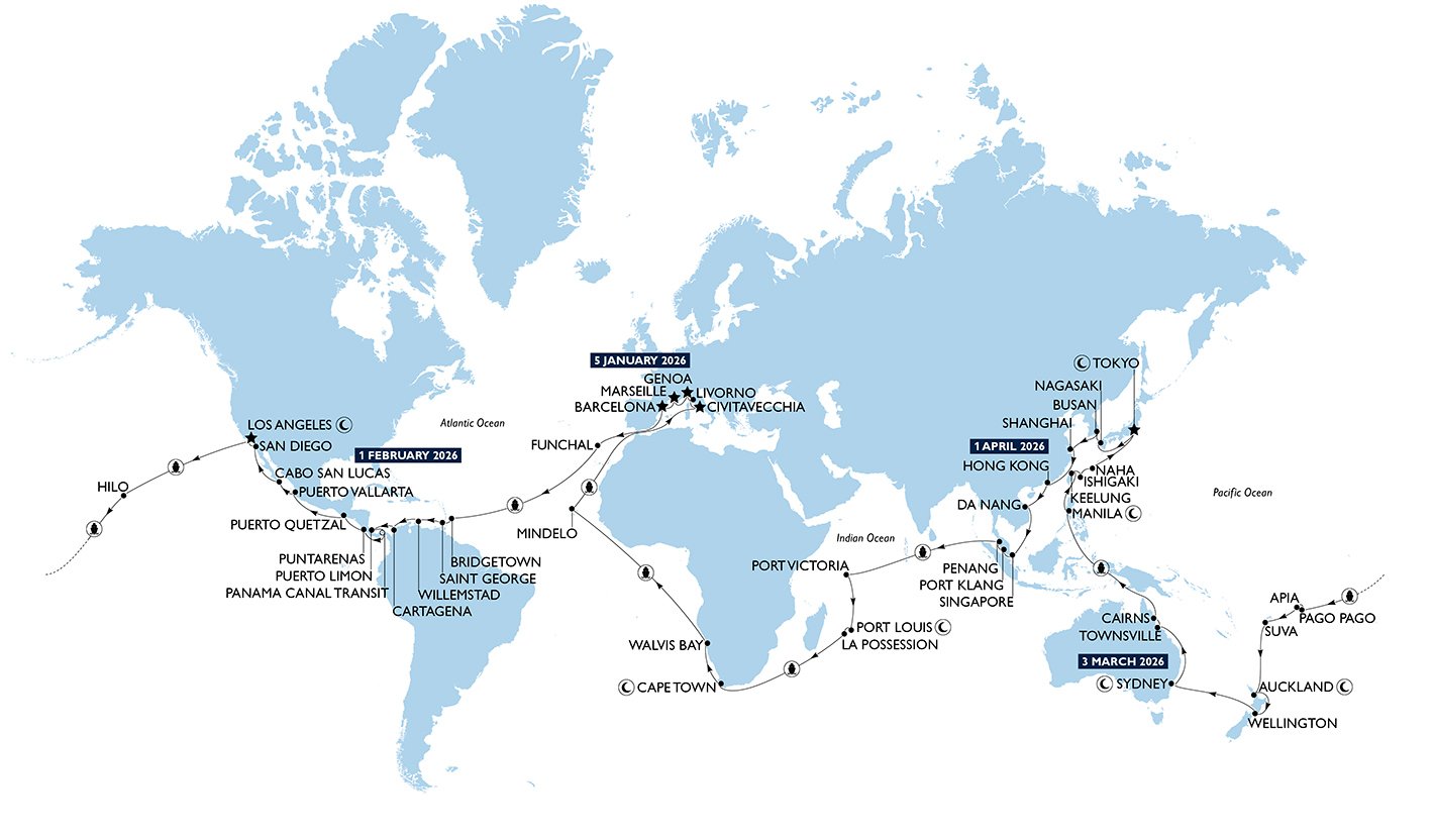 MSC World Cruise 2026 Itinerary Map| MSC Cruises