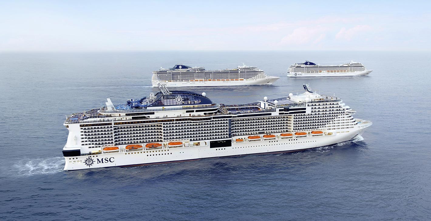 Three MSC cruise ships sailing on calm blue waters | MSC Cruises