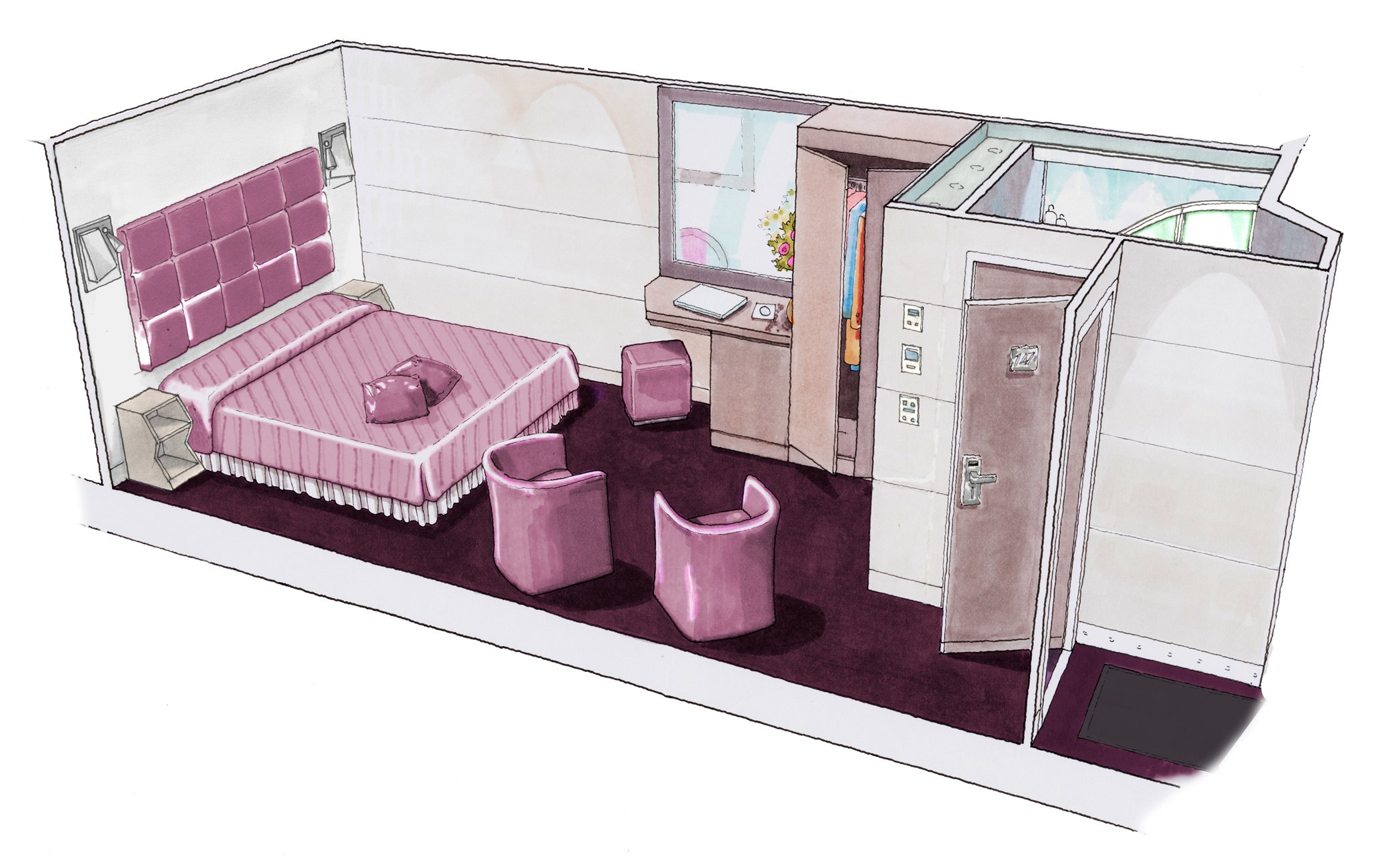 Illustration of a modern cruise ship cabin with a double bed, seating area, and wardrobe | MSC Cruises Illustration of a modern cruise ship cabin with a double bed, seating area, and wardrobe | MSC Cruises
