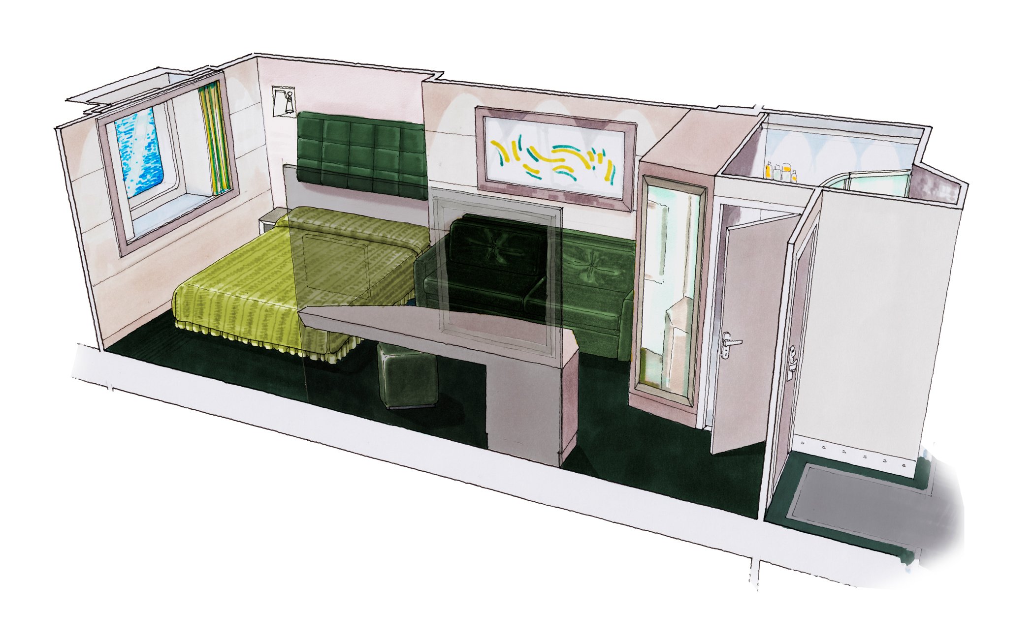 Illustration of a cruise ship cabin with a bed, window, and private bathroom | MSC Cruises Illustration of a cruise ship cabin with a bed, window, and private bathroom | MSC Cruises