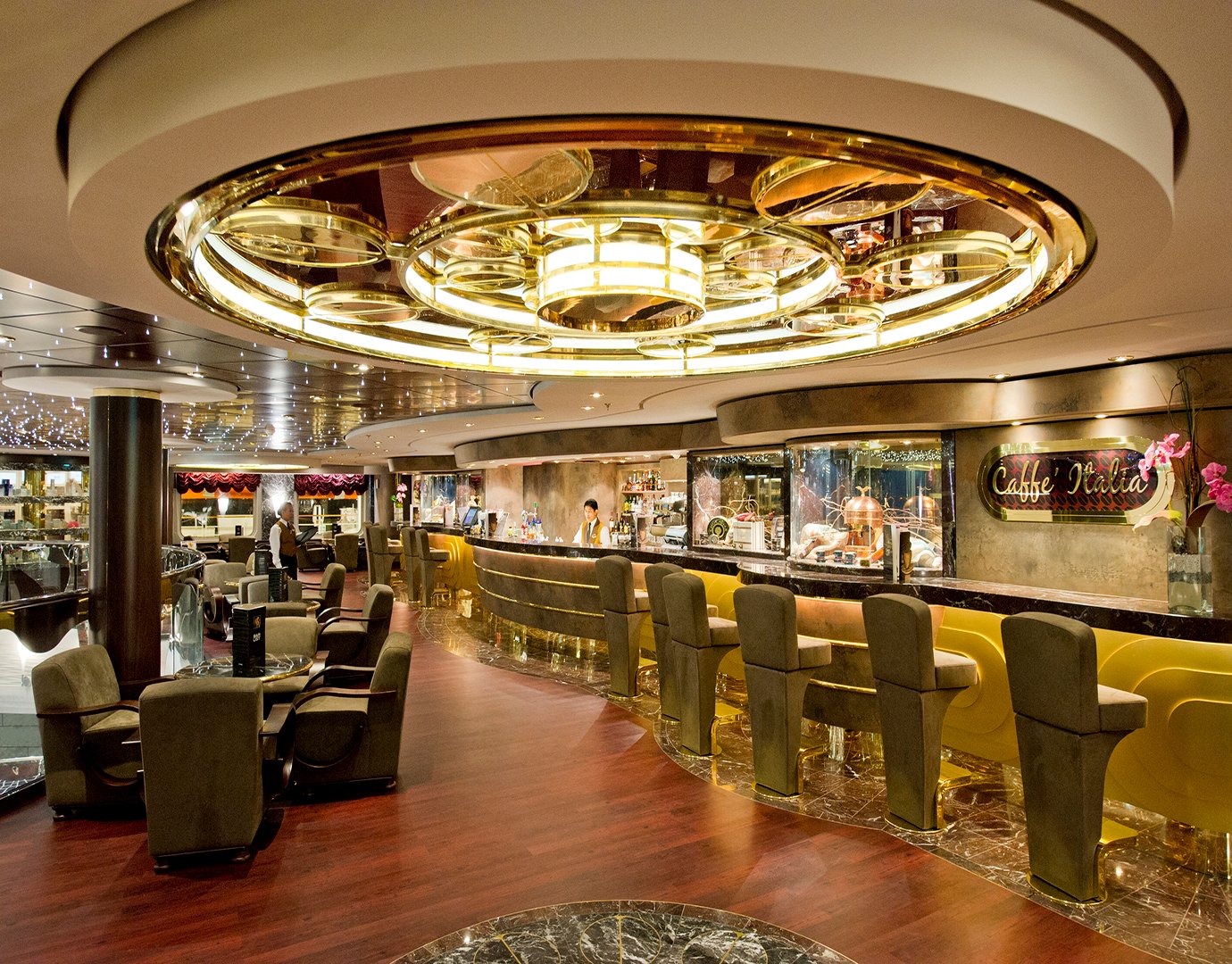 Elegant onboard café with luxurious seating and a stylish bar area | MSC Cruises Elegant onboard café with luxurious seating and a stylish bar area | MSC Cruises