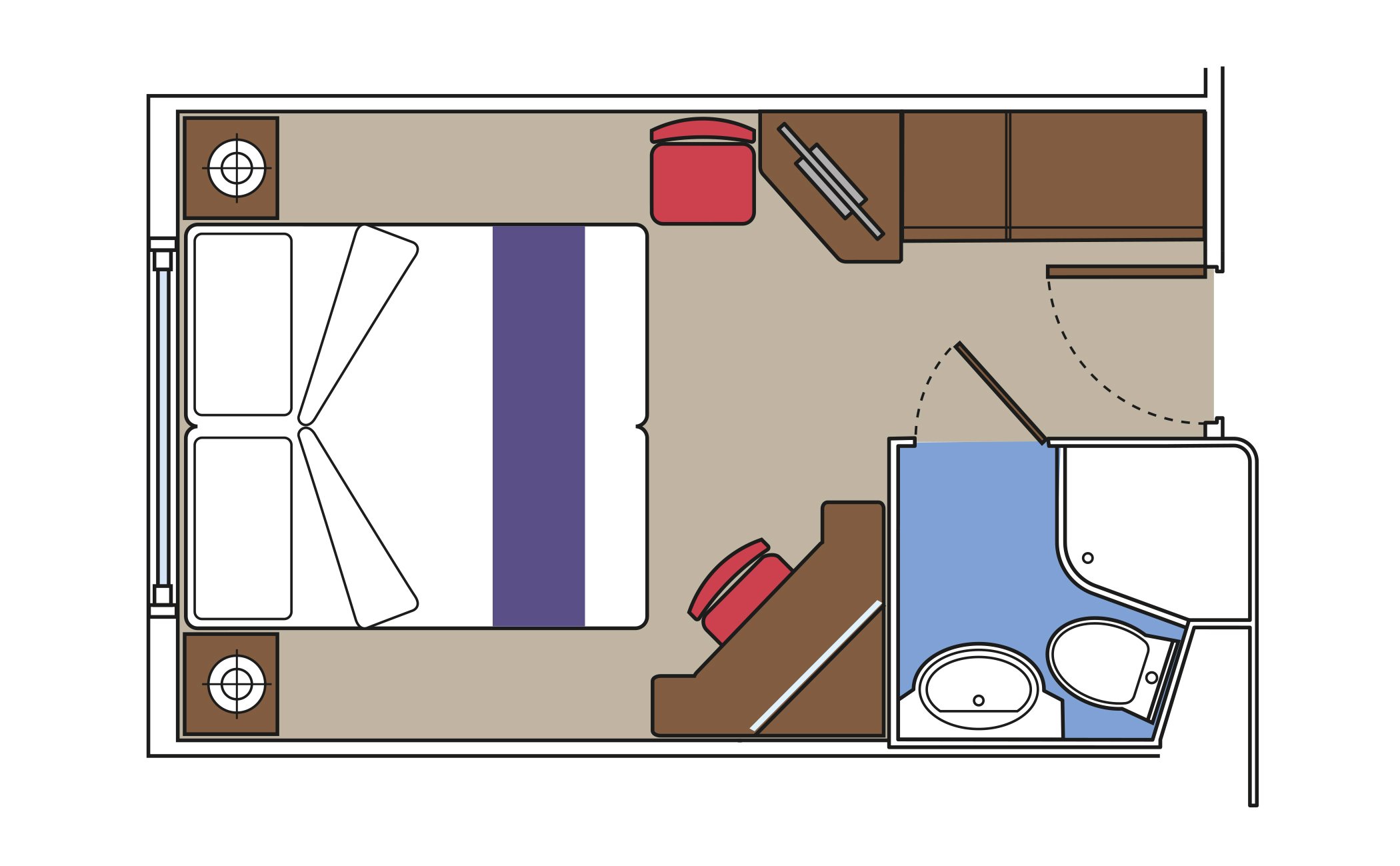 Diagram of a cruise ship cabin layout with bed, seating area, storage, and private bathroom | MSC Cruises Diagram of a cruise ship cabin layout with bed, seating area, storage, and private bathroom | MSC Cruises