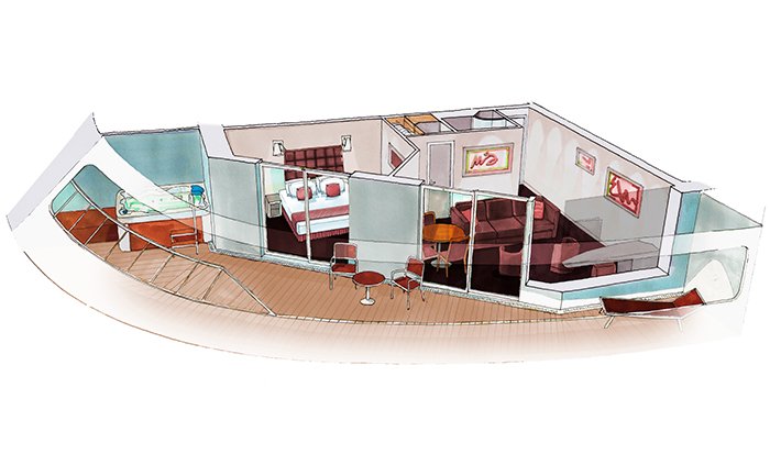 Illustration of a spacious cruise ship suite with bedroom, living area, and private balcony | MSC Cruises Illustration of a spacious cruise ship suite with bedroom, living area, and private balcony | MSC Cruises