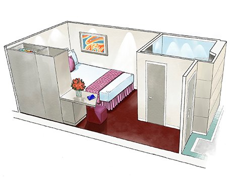 Illustration of a modern cruise ship cabin with a bed, desk, and private bathroom | MSC Cruises Illustration of a modern cruise ship cabin with a bed, desk, and private bathroom | MSC Cruises